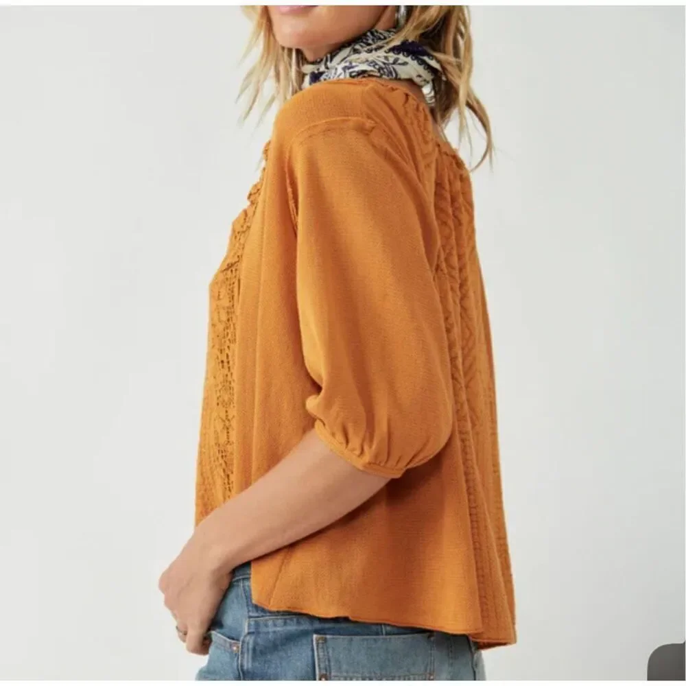 Free People Womens Rust Orange Button-Up Lace Trim Mae Top Size Medium